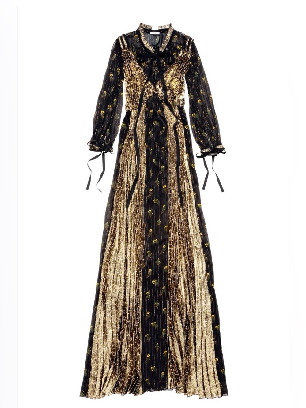 COACH NWT Black & Metallic Gold pleated Long Sleeve Maxi Dress Size 2 Oversized